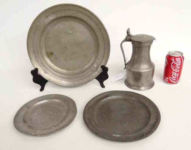 Appraisal: Lot four pcs th c pewter including plates one dated