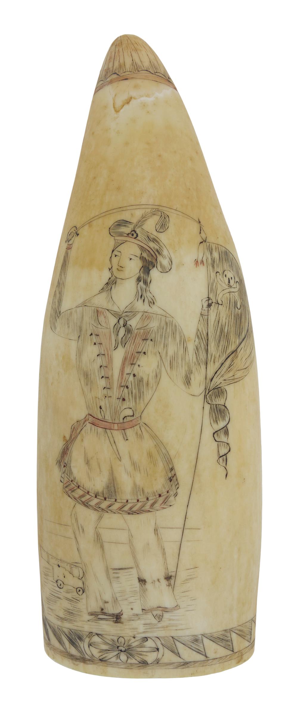 Appraisal: POLYCHROME SCRIMSHAW WHALE'S TOOTH DEPICTING A FEMALE PIRATE AND A