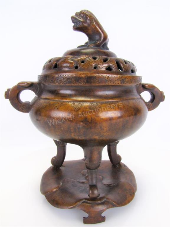 Appraisal: Antique Bronze Censer a three piece tripod censer with round