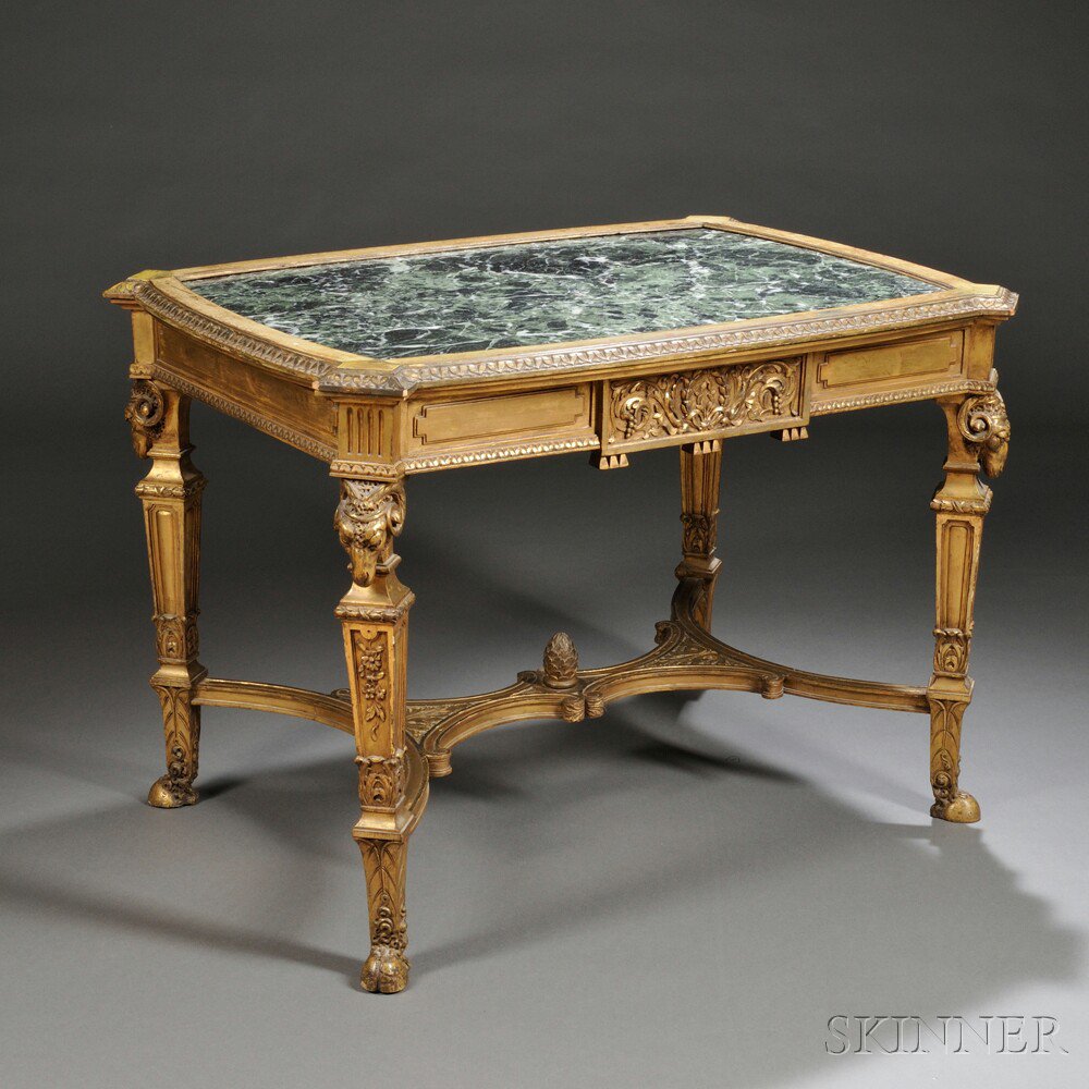 Appraisal: Beaux-Arts Carved Giltwood and Verde Antico Marble-top Center Table France