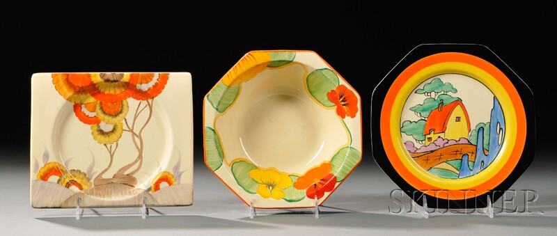 Appraisal: Three Clarice Cliff Bizarre Ware Dishes England th century Newport