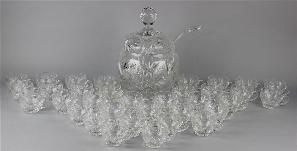 Appraisal: CUT CRYSTAL COVERED PUNCHBOWL WITH THIRTY-FOUR CUPS AND LADLE the