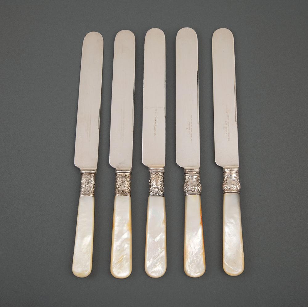 Appraisal: Assembled Set of Antique American Silver-Mounted Mother-of-Pearl Knives incl with