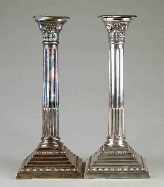 Appraisal: PAIR OF FINE EARLY SHEFFIELD-STYLE CORINTHIAN-COLUMN CANDLESTICKS A matched pair