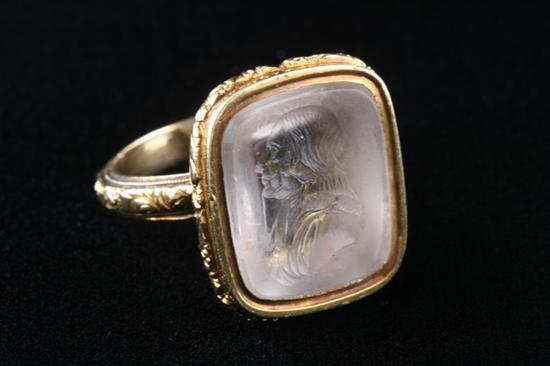 Appraisal: GEORGIAN K YELLOW GOLD AND ROCK CRYSTAL INTAGLIO RING Circa