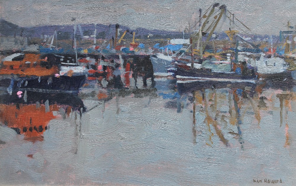 Appraisal: Ken Howard b Fishing Fleet oil on canvas signed cm