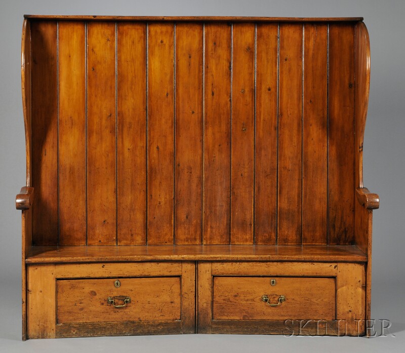 Appraisal: Fir Highback Settle with Drawers England probably late th century