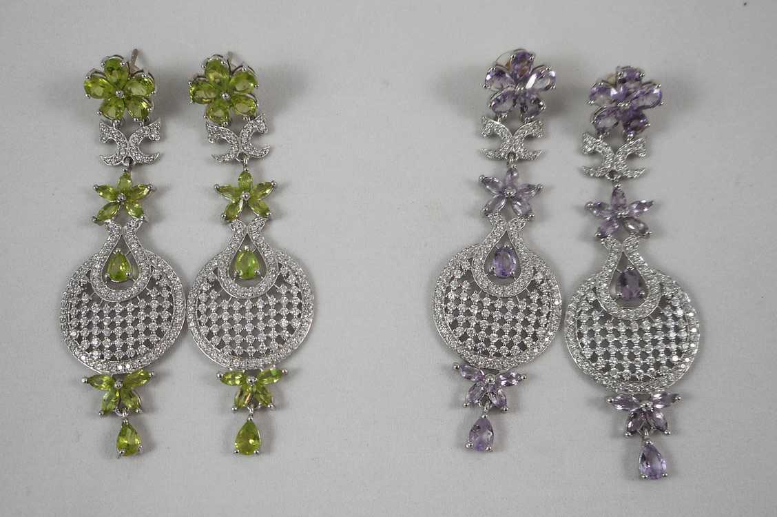 Appraisal: TWO PAIRS OF COLORED GEMSTONE DANGLE EARRINGS including a pair