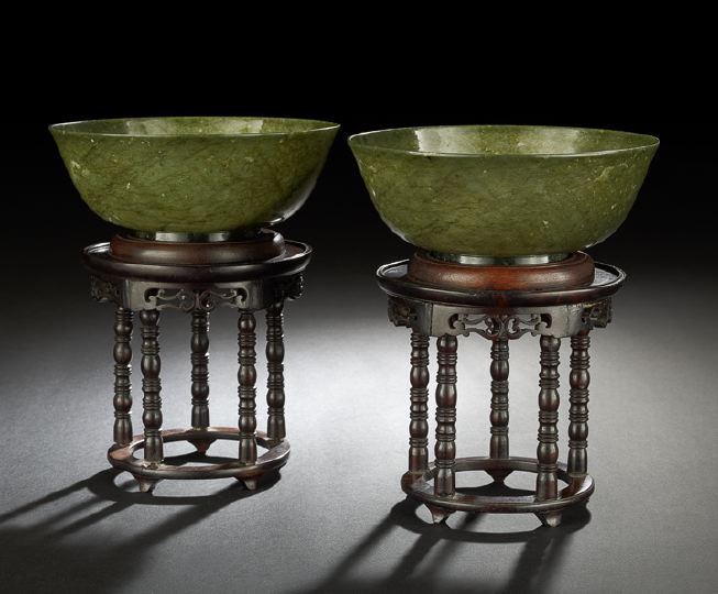 Appraisal: Pair of Chinese Carved Spinach Jade Bowls first half th