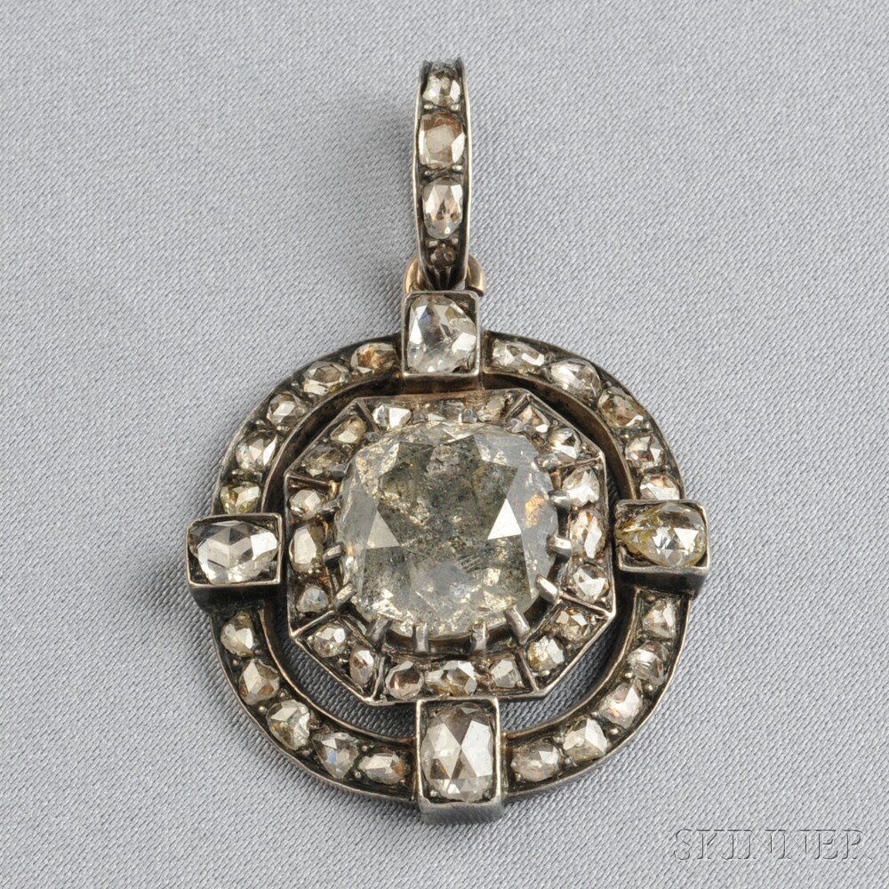 Appraisal: Antique Diamond Pendant prong-set with a cushion-cut diamond weighing approx