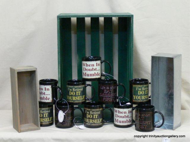 Appraisal: Wooden Crate with ELEVEN Coffee Mugs - NEW tin display