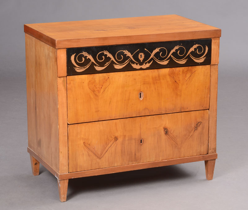 Appraisal: BIEDERMEIER PEARWOOD AND EBONIZED PENWORK CHEST OF DRAWERS The rectangular