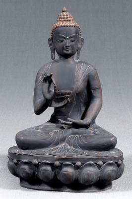 Appraisal: Bronze buddha wearing sanghati with quartered rondels seated in dhyanasana