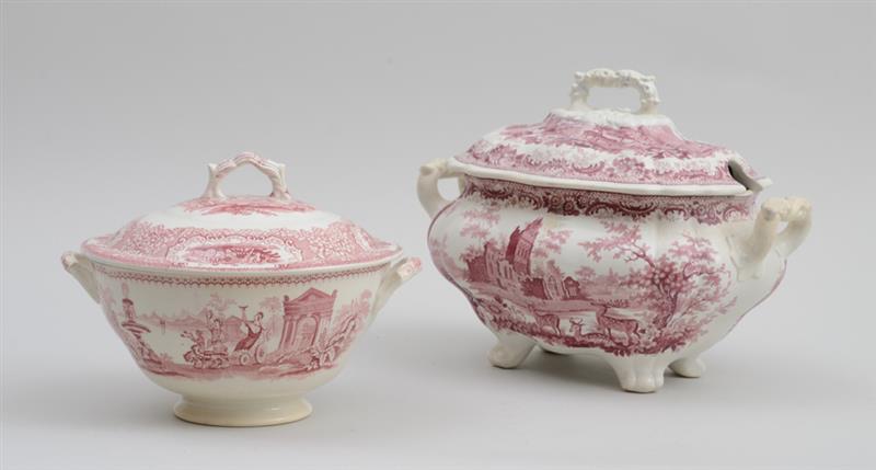 Appraisal: STAFFORDSHIRE CRANBERRY TRANSFER-PRINTED TWO-HANDLED TUREEN AND COVER IN THE ANTIQUARIAN