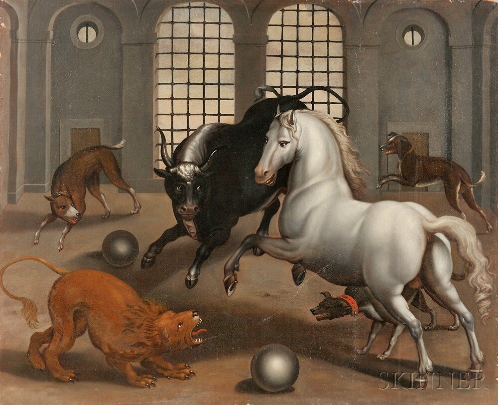 Appraisal: Continental School th Century Bull and Horse Attacked by Lion