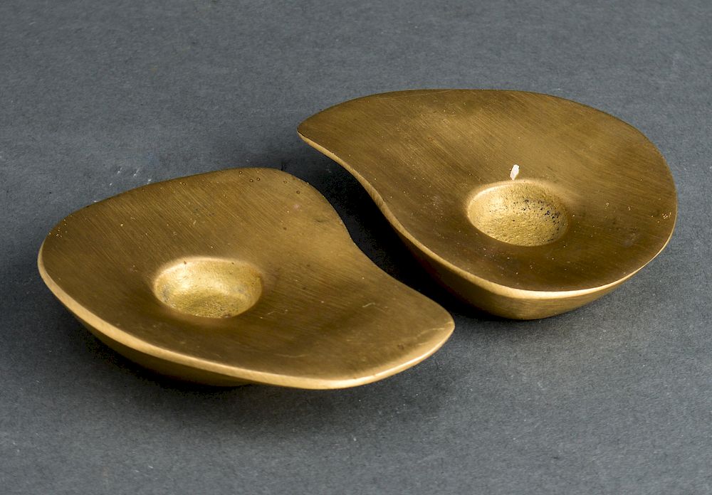 Appraisal: Judaica Modern Shabbat Brass Candleholders Pair Judaica modern Shabbat brass