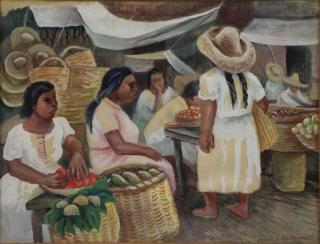 Appraisal: GOODMAN Marshall Watercolor Gouache on Paper Mexican Market Signed and