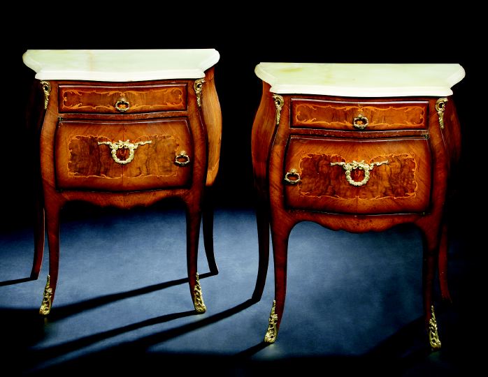 Appraisal: Pair of Louis XV-Style Inlaid and Onyx Top Brass-Mounted Bombe