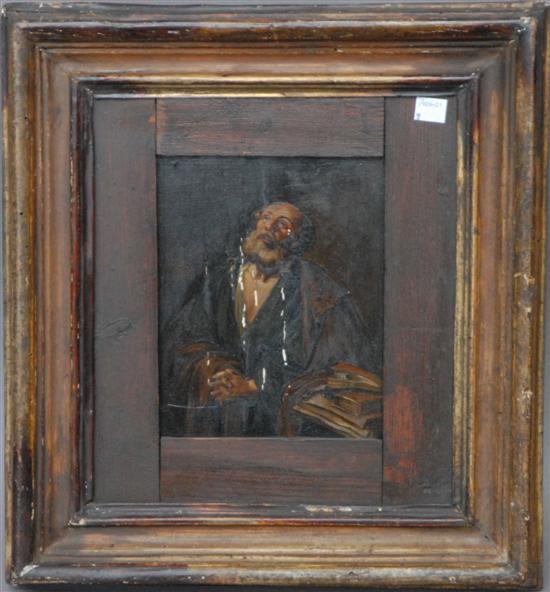 Appraisal: ANTIQUE OIL ON PANEL Figure of a praying saint Wax