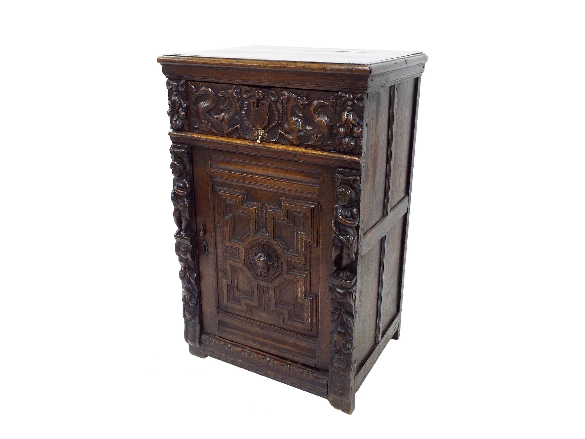 Appraisal: Interesting antique oak side cabinet in the Flemish manner the