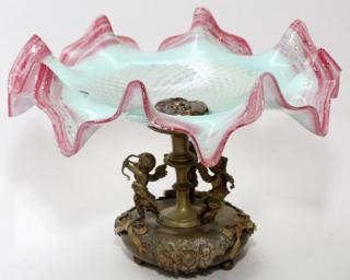 Appraisal: OPALESCENT GLASS AND BRASS FIGURAL COMPOTE C OPALESCENT GLASS AND