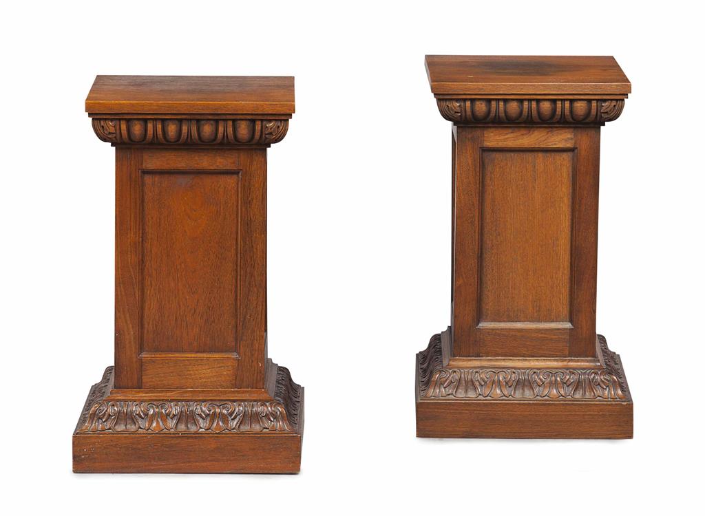 Appraisal: PAIR OF TEAK PEDESTALS MODERN the square tops above an