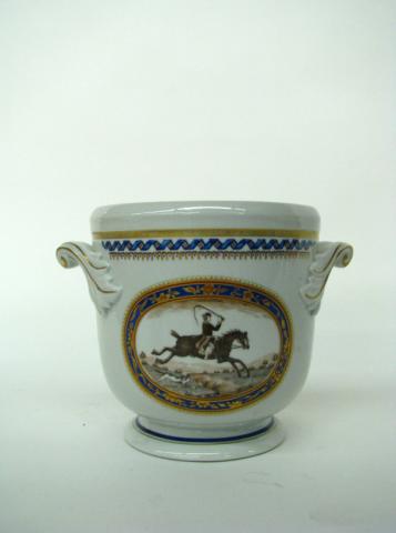 Appraisal: Mottahedeh Limited Edition porcelain jardiniere depicting horse and rider ''