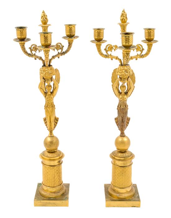 Appraisal: Sale Lot A Pair of Empire Gilt Bronze Three-Light Candelabra