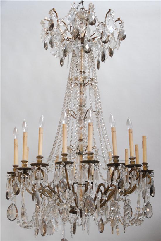 Appraisal: LARGE ANTIQUE BRONZE AND CRYSTAL LIGHT CHANDELIER Provenance From the