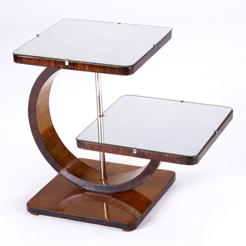 Appraisal: ART DECO Two-tiered mirrored table with contrasting wood veneer and