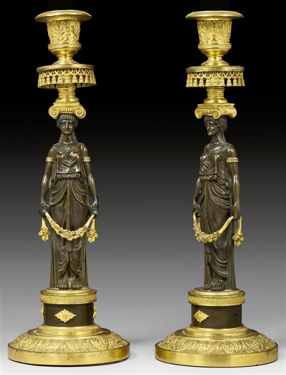 Appraisal: PAIR OF CANDLEHOLDERS AUX CARIATIDES AS TABLE LAMPS Empire Paris