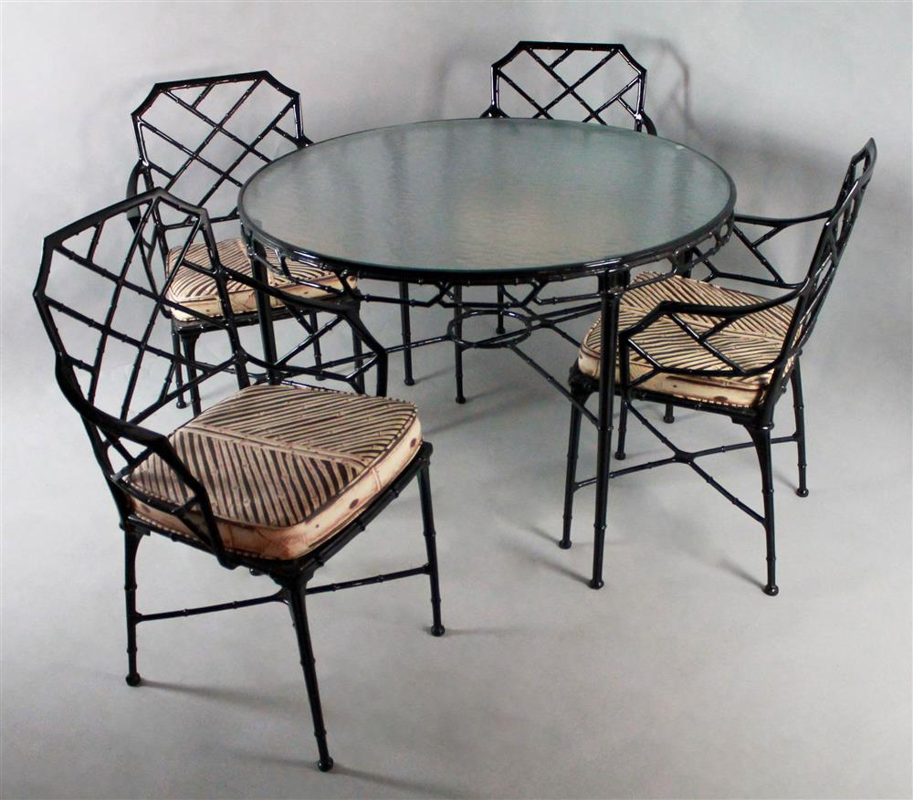 Appraisal: BLACK WROUGHT IRON CIRCULAR TABLE WITH HAMMERED GLASS TOP AND