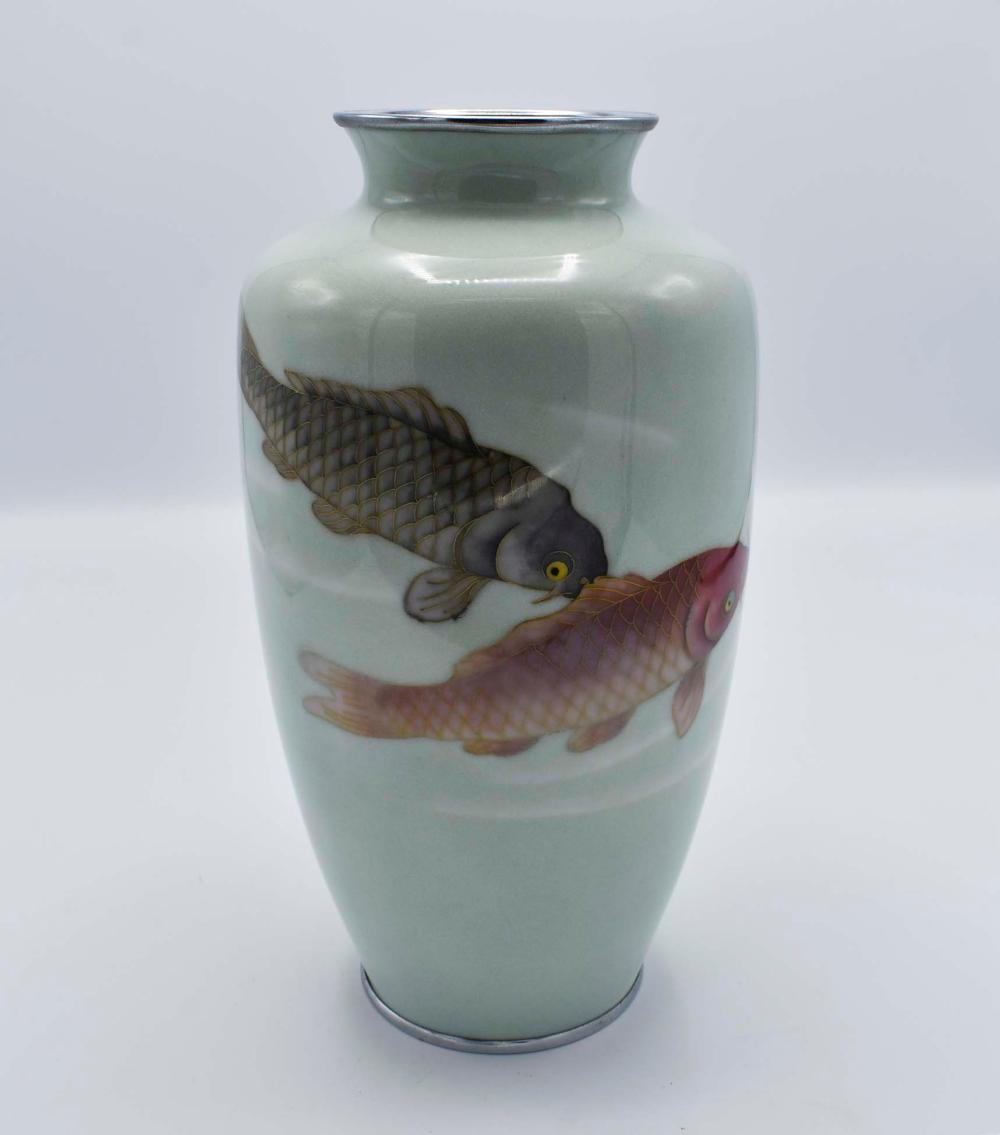 Appraisal: JAPANESE ENAMEL VASEThe baluster vessel decorated with two swimming carp