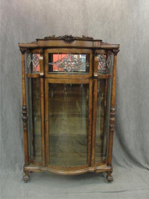 Appraisal: Victorian Oak Curved Glass China Cabinet From a White Plains