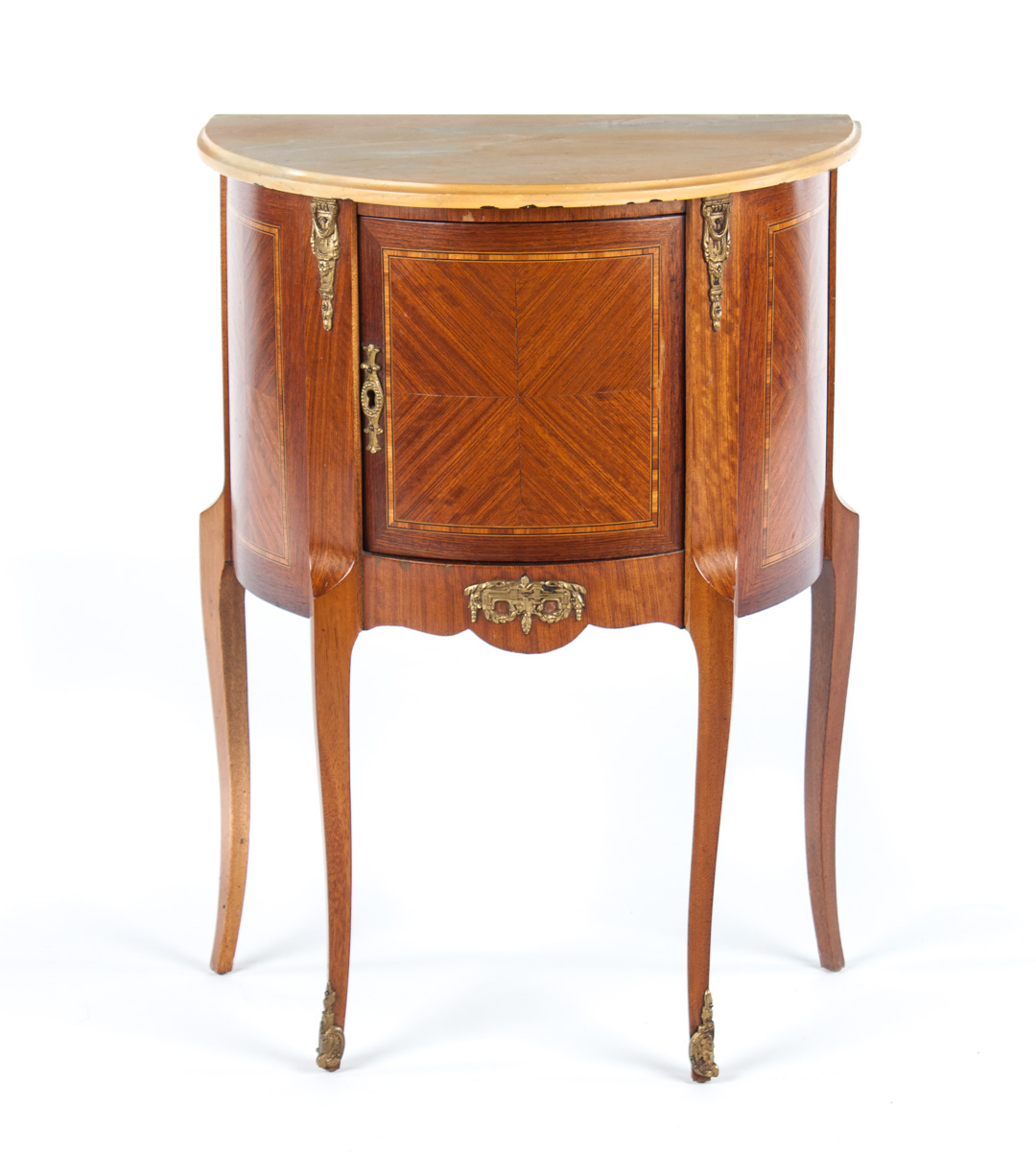 Appraisal: Louis XVI style parquetry inlaid table de nuit half round