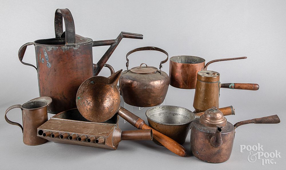 Appraisal: Copper cookware Copper cookware to include a dovetailed kettle and