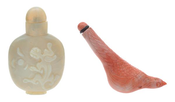 Appraisal: AN OPAL CARVED SNUFF BOTTLE AND A CARVED CORAL BRANCH