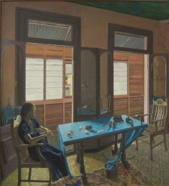 Appraisal: Ross Gilbert Interior with Table and Objects acrylic on canvas