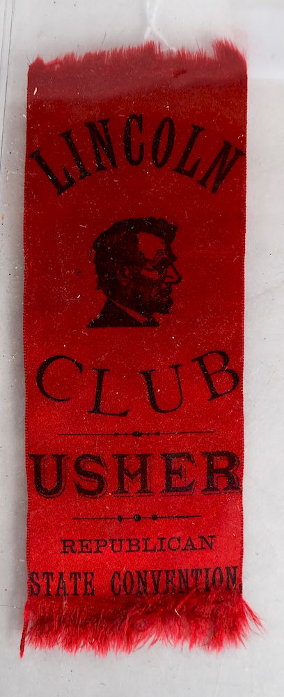 Appraisal: Lincoln Club Usher's Ribbon Red silk ribbon with image of