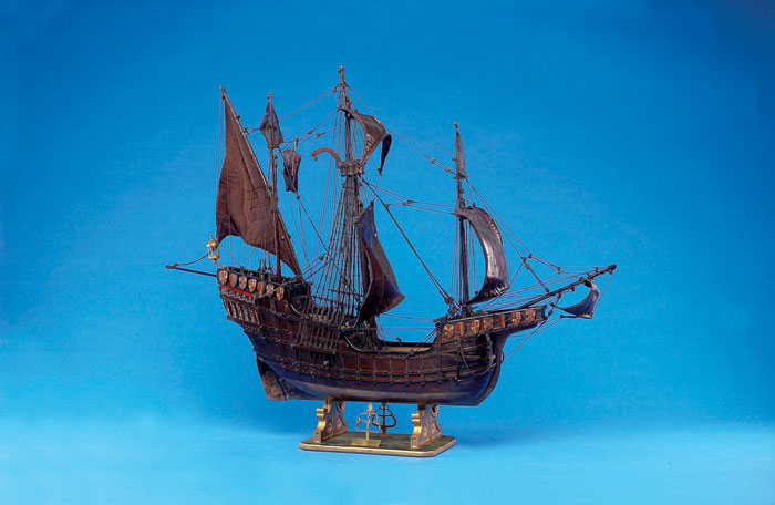 Appraisal: LARGE RIGGED CARVED AND POLYCHROME PAINTED SCALE MODEL OF THE