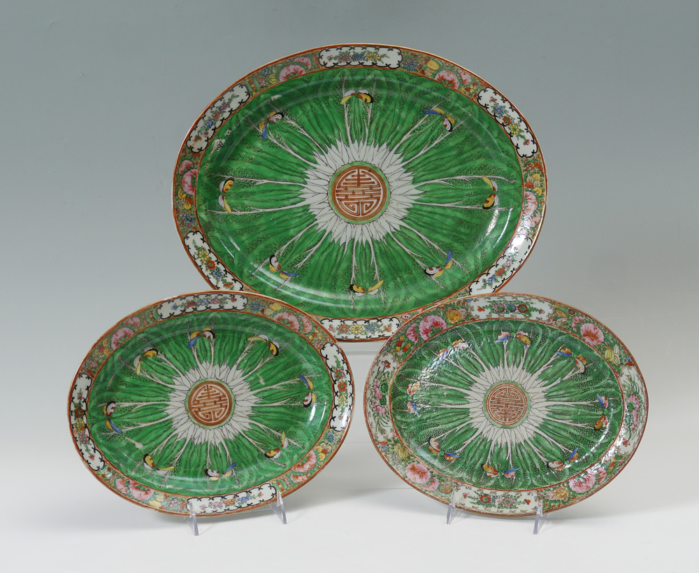 Appraisal: CHINESE EXPORT FAMILLE ROSE CABBAGE LEAF oval platters two are