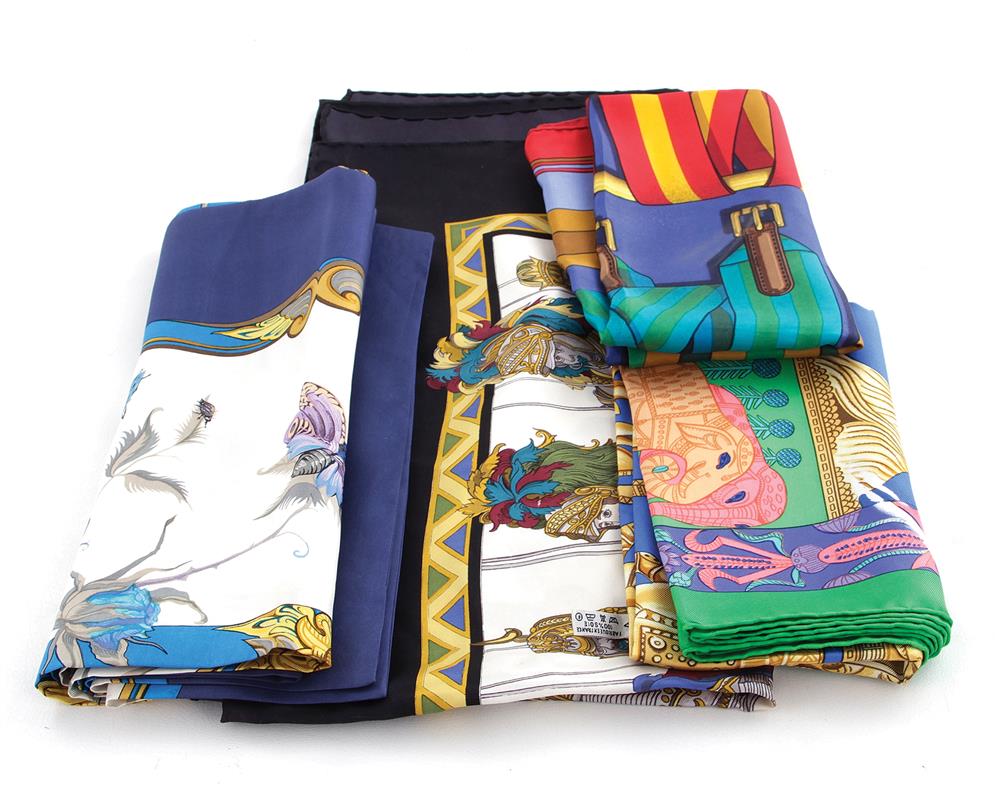 Appraisal: Hermes and Gucci silk scarves Les Sangles x Ingrid x