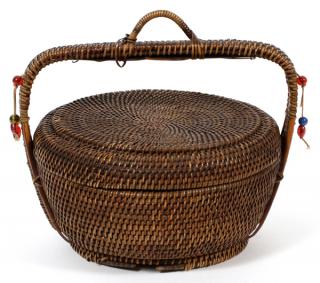 Appraisal: WICKER WOVEN BASKET WICKER WOVEN BASKET H W Fitted with