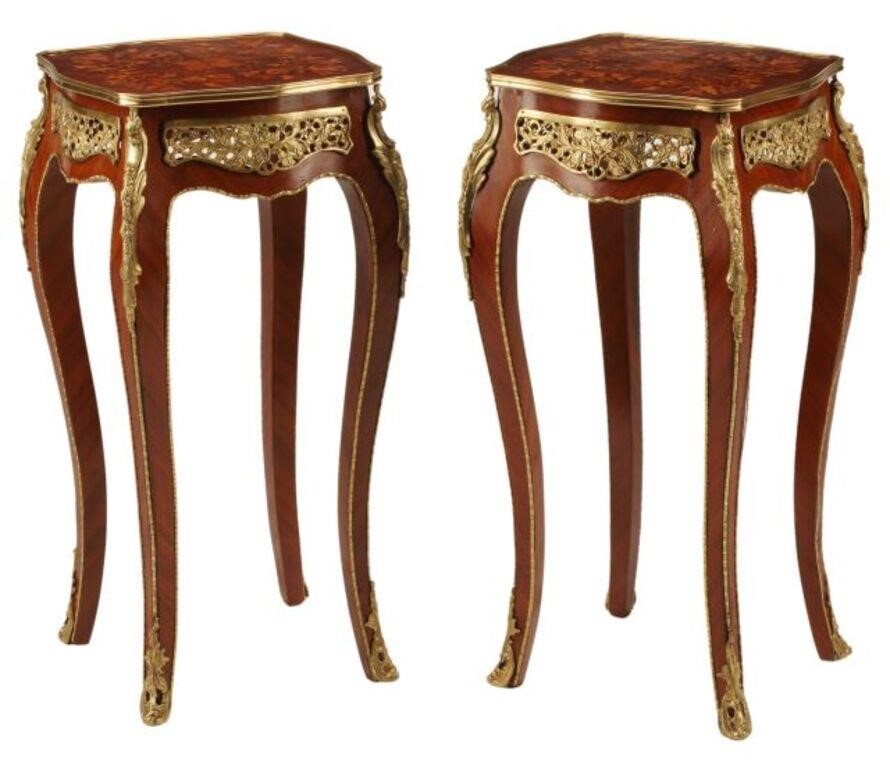 Appraisal: pair Louis XV style marquetry inlaid square tables with bronze