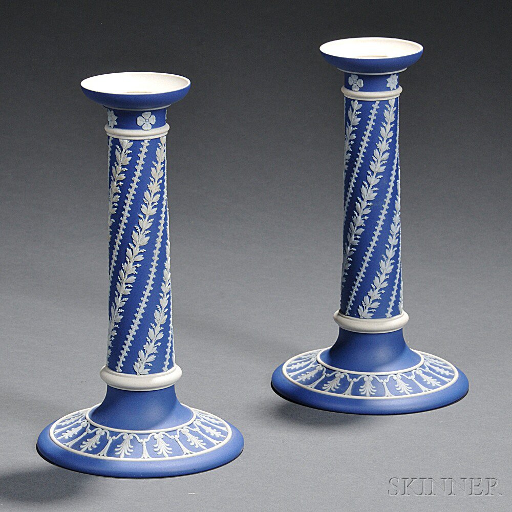 Appraisal: Pair of Wedgwood Dark Blue Jasper Dip Candlesticks England early