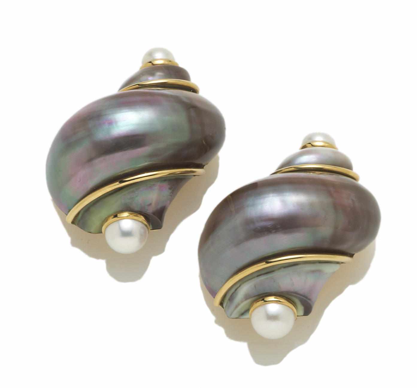 Appraisal: A pair of colored shell and cultured half pearl earclips