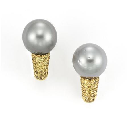 Appraisal: Pair of Gold Gray Cultured Pearl and Yellow Sapphire Earrings