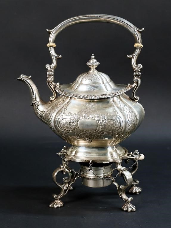 Appraisal: Sterling silver tilting Gorham tea kettle on stand Burner marked