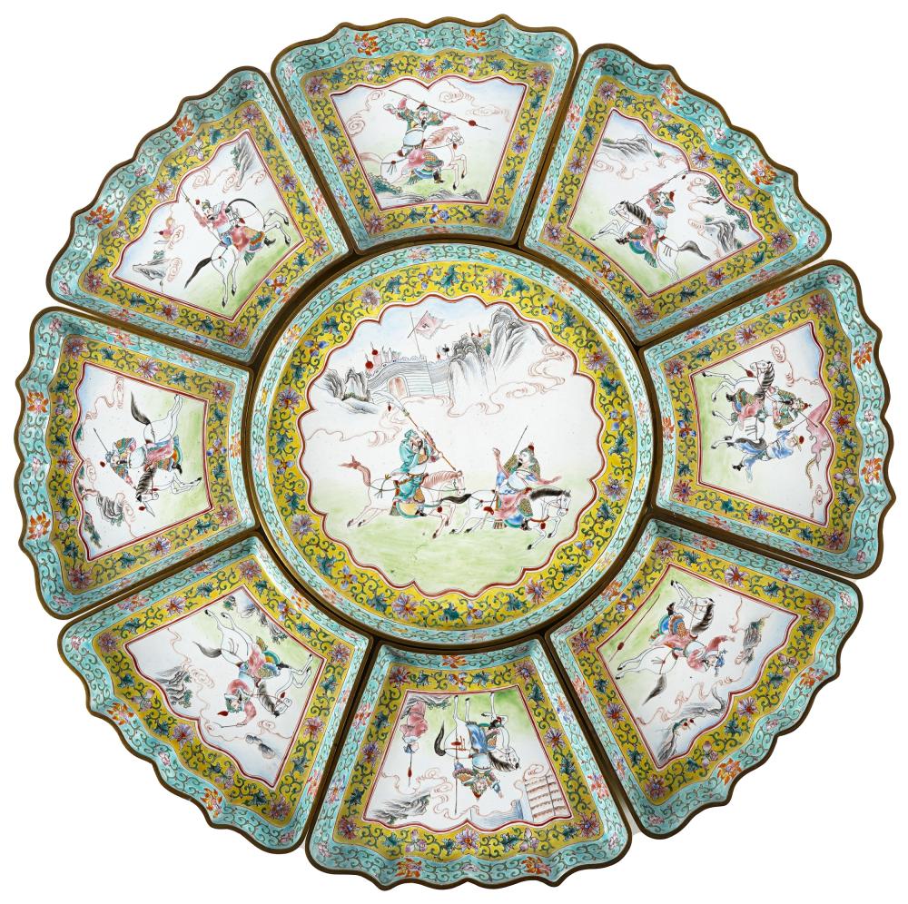 Appraisal: CHINESE ENAMELED METAL SWEET MEAT DISHunsigned comprising eight fan-shaped dishes