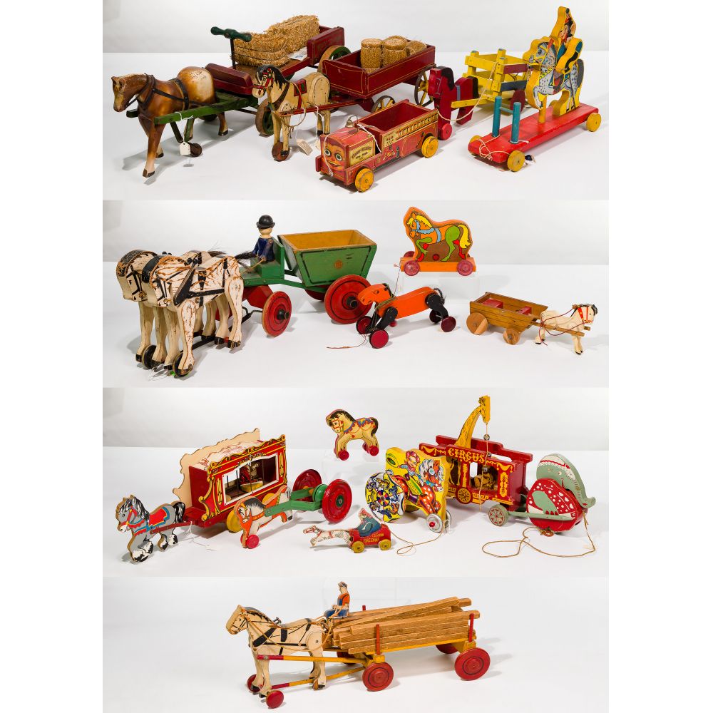 Appraisal: TOY WOOD HORSE ASSORTMENT mostly pull-toy items including horse and